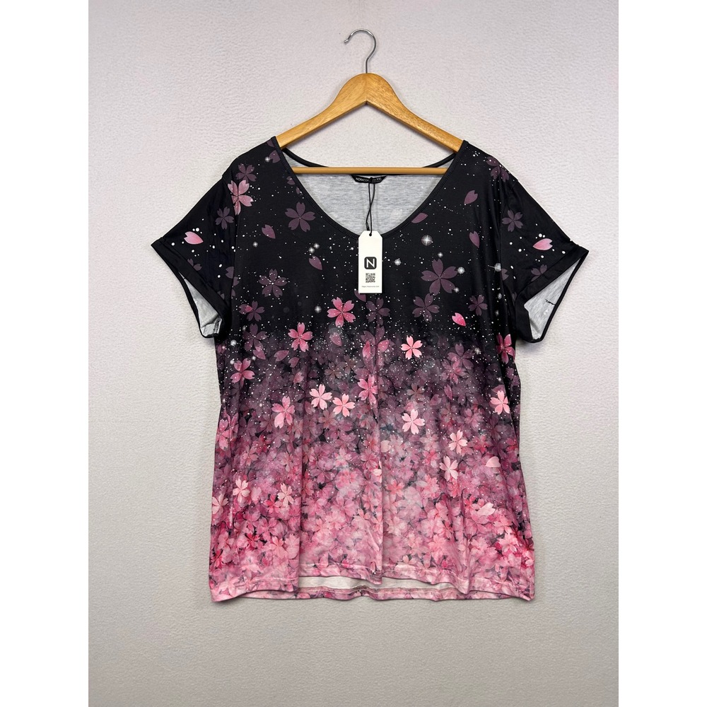 Cherry Blossom Floral Noracora Womens XXL Black Pink Ombre V-Neck Graphic Tee